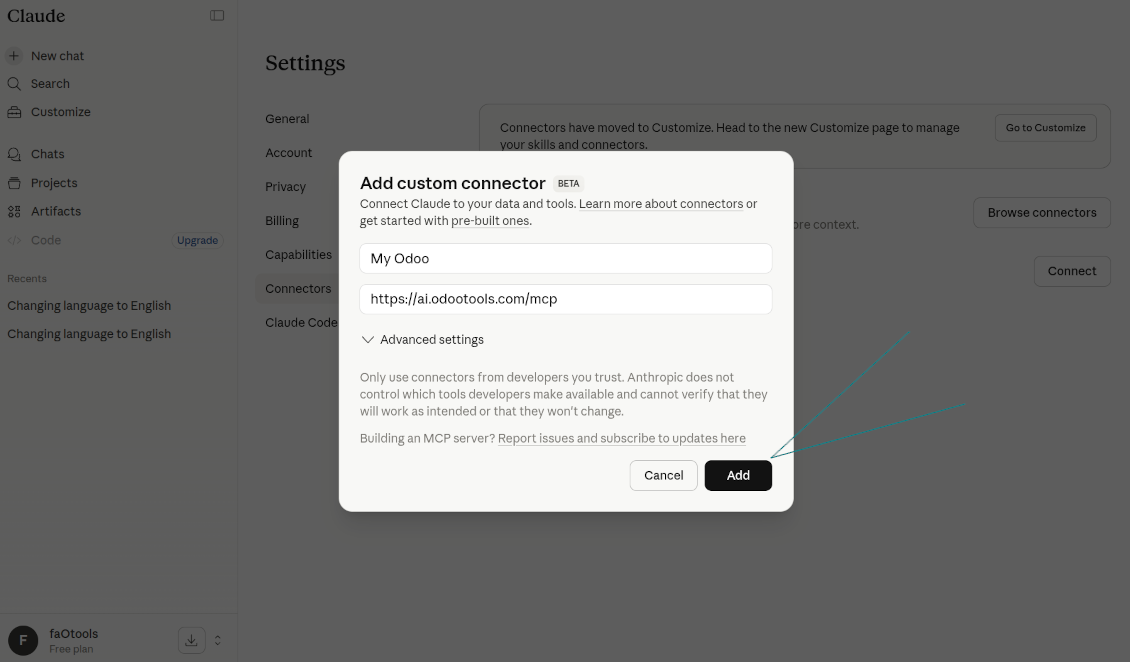 A modal window in Claude for adding a custom connector, showing the name and the MCP server URL